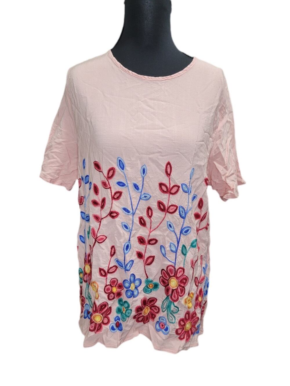 AZ Womens L Pink Floral Embroidered Cottagecore Whimsical Fairy Short Sleeve Top